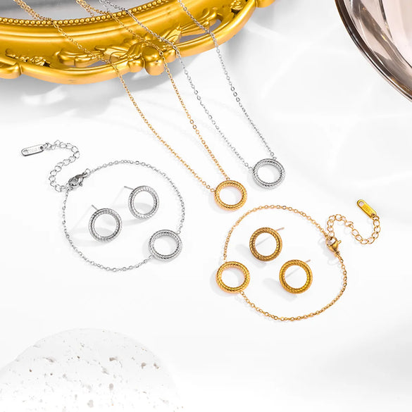 Wholesale Jewelry Vintage Style Simple Style Round 304 Stainless Steel 18K Gold Plated Bracelets Earrings Necklace