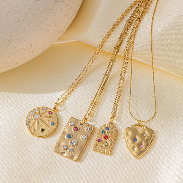 Wholesale Jewelry Vintage Style Simple Style Round Heart Shape Rectangle 304 Stainless Steel Artificial Rhinestones 18K Gold Plated Polishing Plating Inlay Pendant Necklace