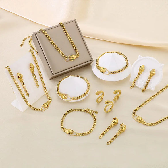 Wholesale Jewelry Vintage Style Snake 304 Stainless Steel Zircon 18K Gold Plated Inlay Jewelry Set