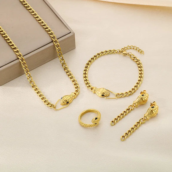 Wholesale Jewelry Vintage Style Snake 304 Stainless Steel Zircon 18K Gold Plated Inlay Jewelry Set