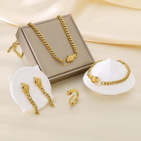 Wholesale Jewelry Vintage Style Snake 304 Stainless Steel Zircon 18K Gold Plated Inlay Jewelry Set