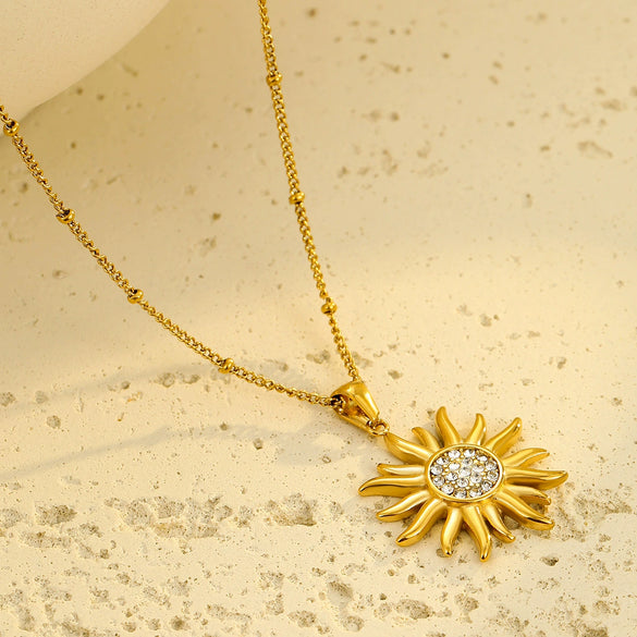 Wholesale Jewelry Vintage Style Sunflower Stainless Steel 18K Gold Plated Pendant Necklace And Earrings