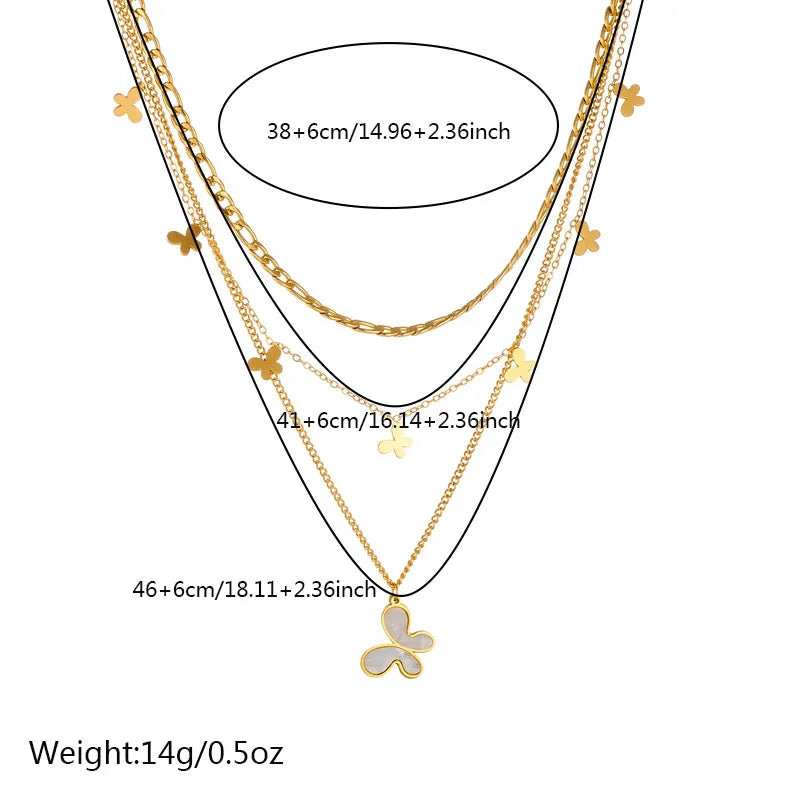 Wholesale Jewelry Vintage Style Sweet Butterfly 304 Stainless Steel Shell 18K Gold Plated Inlay Three Layer Necklace