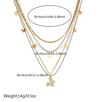 Wholesale Jewelry Vintage Style Sweet Butterfly 304 Stainless Steel Shell 18K Gold Plated Inlay Three Layer Necklace