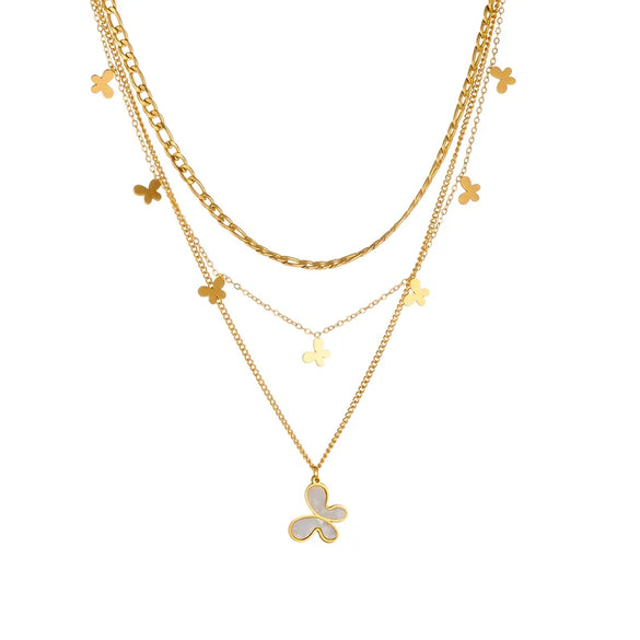 Wholesale Jewelry Vintage Style Sweet Butterfly 304 Stainless Steel Shell 18K Gold Plated Inlay Three Layer Necklace