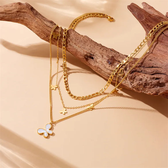 Wholesale Jewelry Vintage Style Sweet Butterfly 304 Stainless Steel Shell 18K Gold Plated Inlay Three Layer Necklace