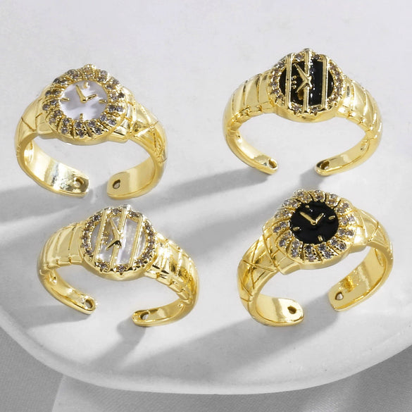 Wholesale Jewelry Watch Clock Style Open Ring Inlaid With Zircon Copper Gold Plated