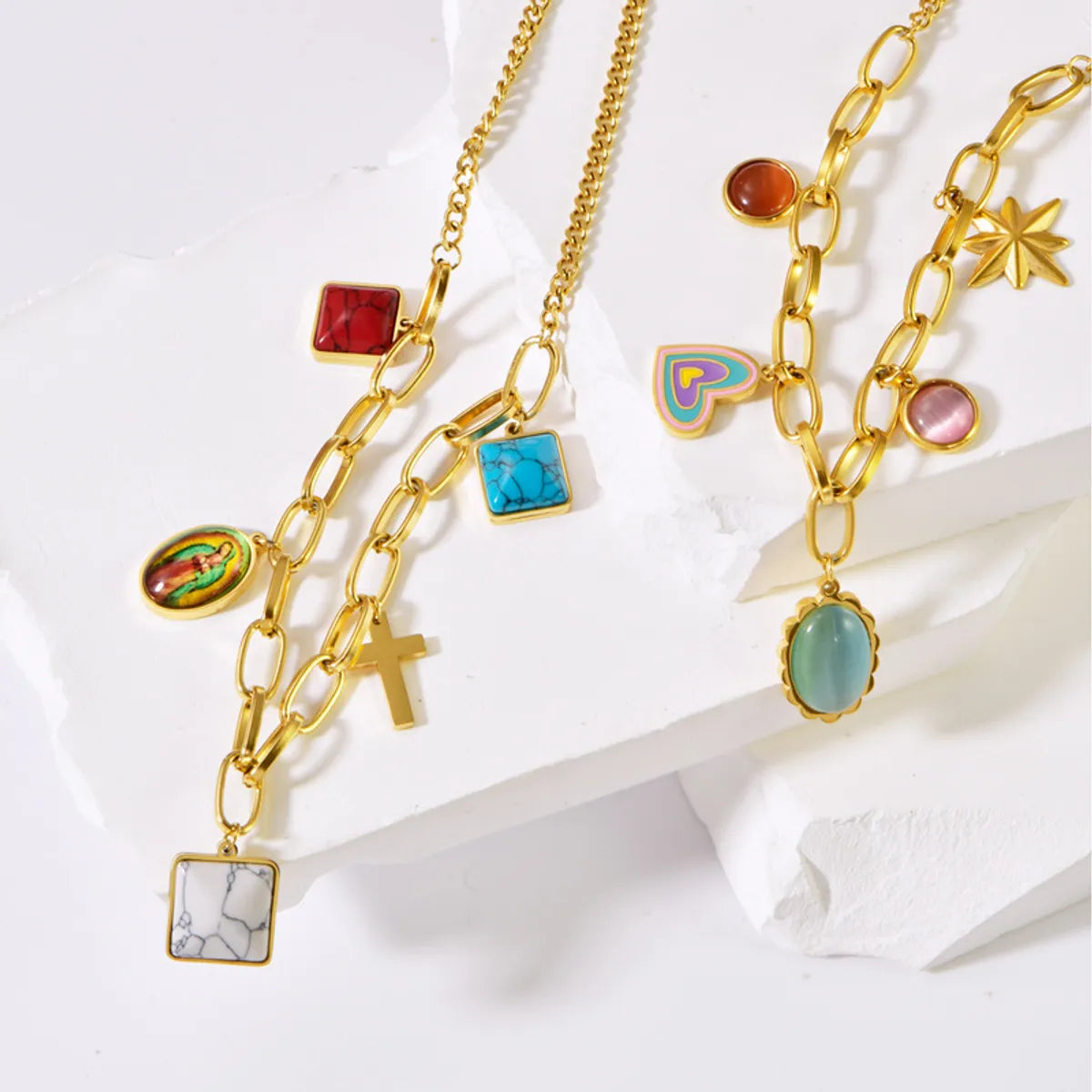 Wholesale Jewelry Y2K Sweet Cross Heart Shape 304 Stainless Steel Turquoise Resin Opal 18K Gold Plated Plating Inlay Pendant Necklace