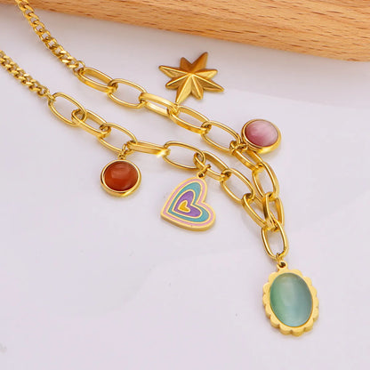 Wholesale Jewelry Y2K Sweet Cross Heart Shape 304 Stainless Steel Turquoise Resin Opal 18K Gold Plated Plating Inlay Pendant Necklace