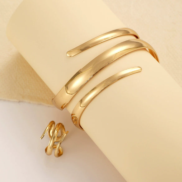 Wholesale Jewelry Zinc Alloy Geometric Personality Curved Hollow Water Drop Ring Bracelet Suit Electroplated