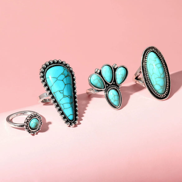 Wholesale Jewelry Zinc Alloy Geometric Petal Inlaid Turquoise Ring Set Of Four Electroplated For Women