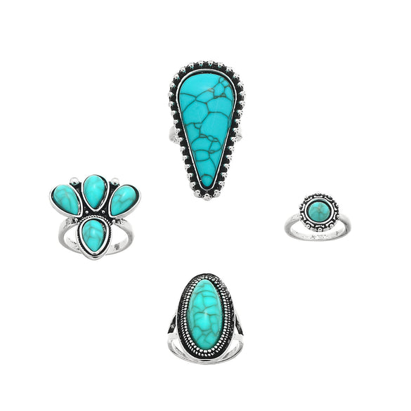 Wholesale Jewelry Zinc Alloy Geometric Petal Inlaid Turquoise Ring Set Of Four Electroplated For Women