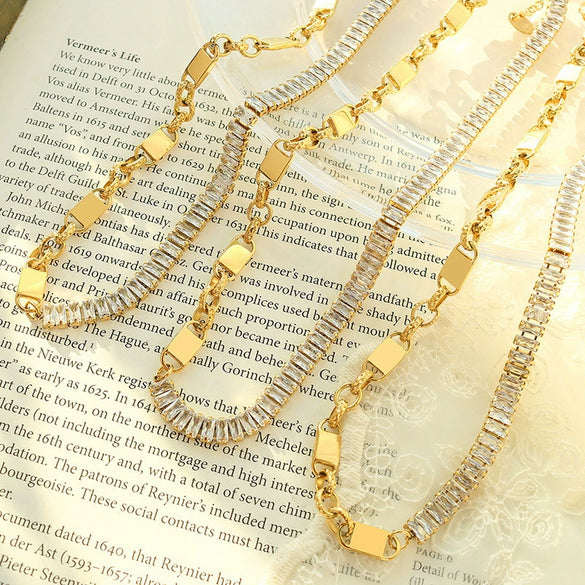 Wholesale Jewelry Zircon Chain Titanium Steel Electroplated Geometric Necklace And Bracelet Set For Women
