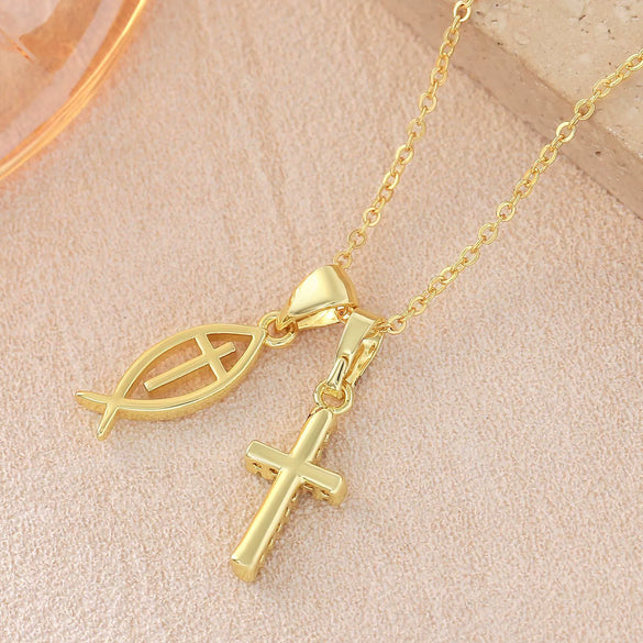 Wholesale 18K Gold Electroplated Cross Fish Pendant Necklace With Zircon Inlay For Women And Men Made Of Copper