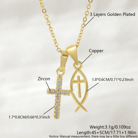 Wholesale 18K Gold Electroplated Cross Fish Pendant Necklace With Zircon Inlay For Women And Men Made Of Copper