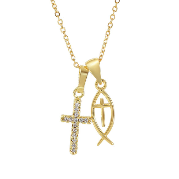 Wholesale 18K Gold Electroplated Cross Fish Pendant Necklace With Zircon Inlay For Women And Men Made Of Copper