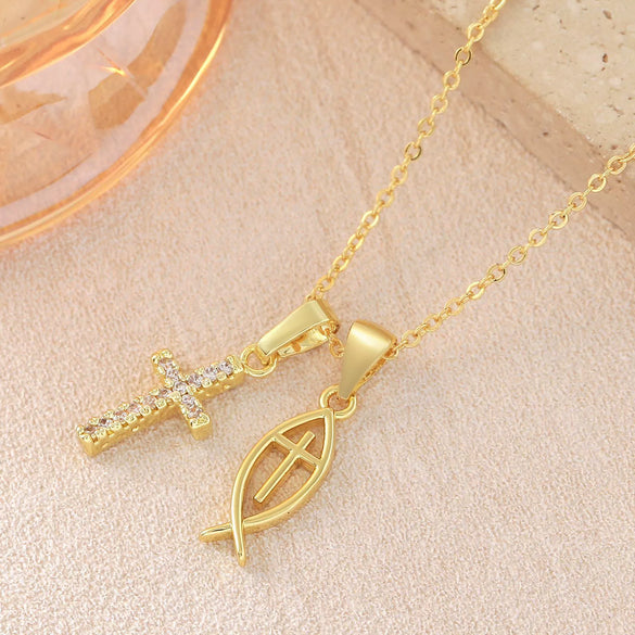 Wholesale 18K Gold Electroplated Cross Fish Pendant Necklace With Zircon Inlay For Women And Men Made Of Copper
