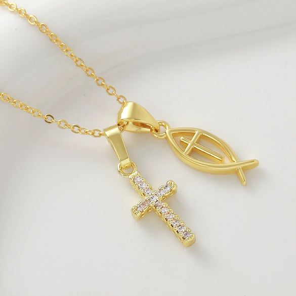Wholesale 18K Gold Electroplated Cross Fish Pendant Necklace With Zircon Inlay For Women And Men Made Of Copper