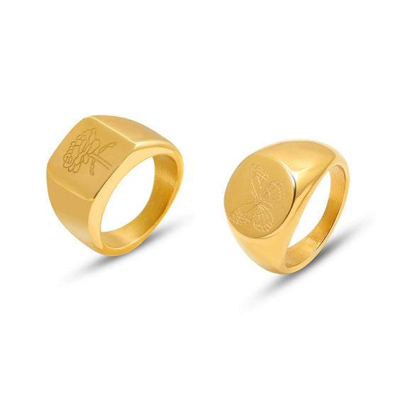 Wholesale 18K Gold Electroplated Engraved Geometric Butterfly And Peony Flower Stainless Steel Ring And Bracelet For Women