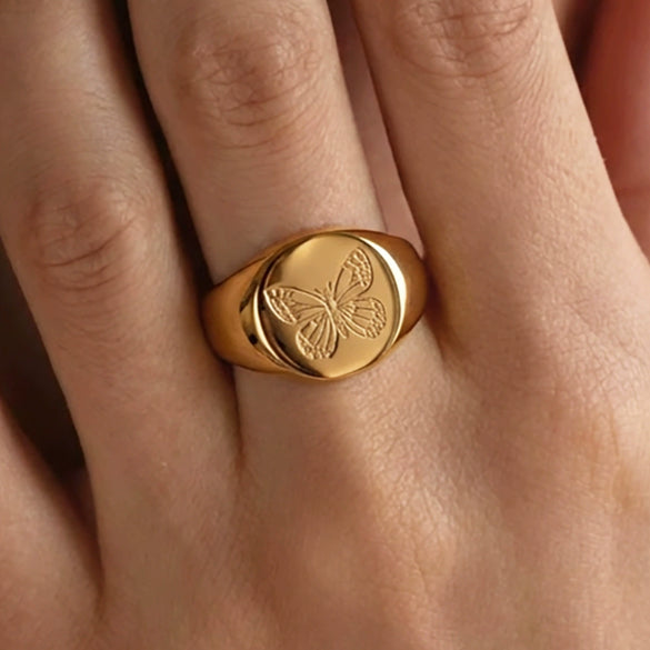 Wholesale 18K Gold Electroplated Engraved Geometric Butterfly And Peony Flower Stainless Steel Ring And Bracelet For Women