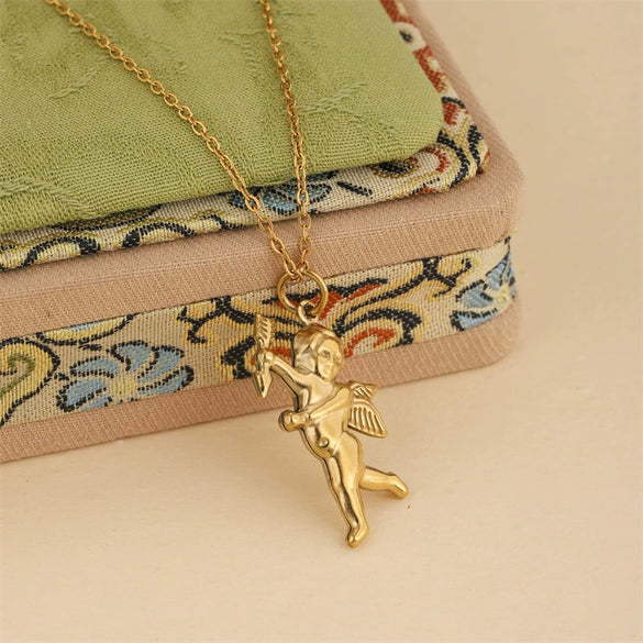 Wholesale 18K Gold Electroplated Stainless Steel Geometric Cupid Trinket Pendant Necklace For Women