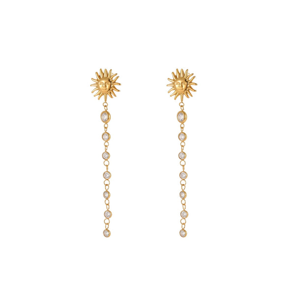 Wholesale 18K Gold Electroplated Stainless Steel Geometric Smiley Face Sun Zircon Tassel Earrings For Women