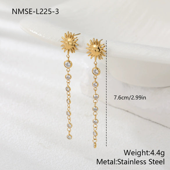 Wholesale 18K Gold Electroplated Stainless Steel Geometric Smiley Face Sun Zircon Tassel Earrings For Women