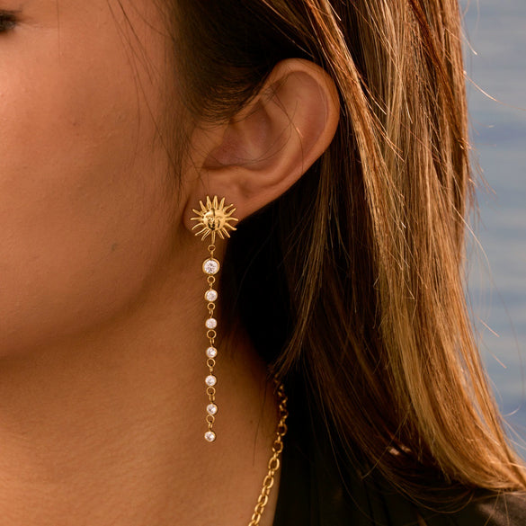 Wholesale 18K Gold Electroplated Stainless Steel Geometric Smiley Face Sun Zircon Tassel Earrings For Women