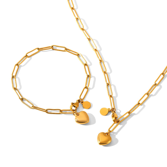 Wholesale 18K Gold Electroplated Stainless Steel Heart Shape Pendant Necklace And Bracelet For Women In Ins Style