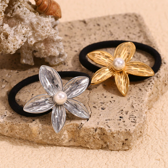 Wholesale 18K Gold Electroplated Stainless Steel Plumeria Imitation Pearl High Elasticity Hair Tie For Women