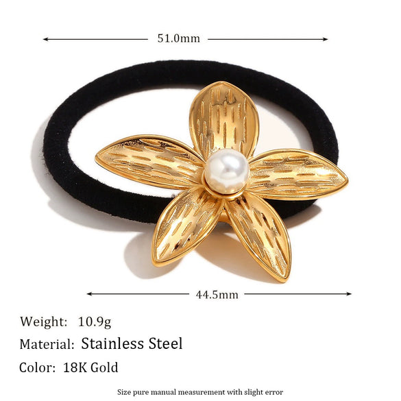Wholesale 18K Gold Electroplated Stainless Steel Plumeria Imitation Pearl High Elasticity Hair Tie For Women
