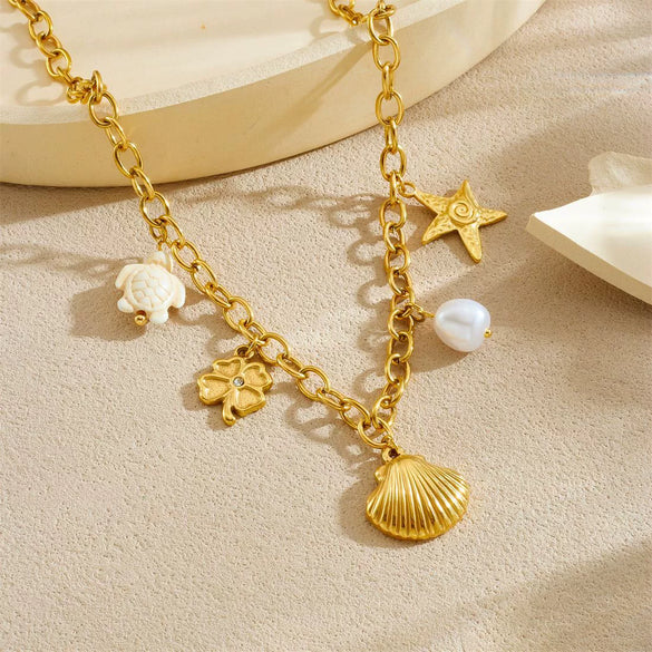 Wholesale 18K Gold Plated Animals Zodiac Shell Starfish Pendant Stainless Steel O Word Chain Necklace For Women
