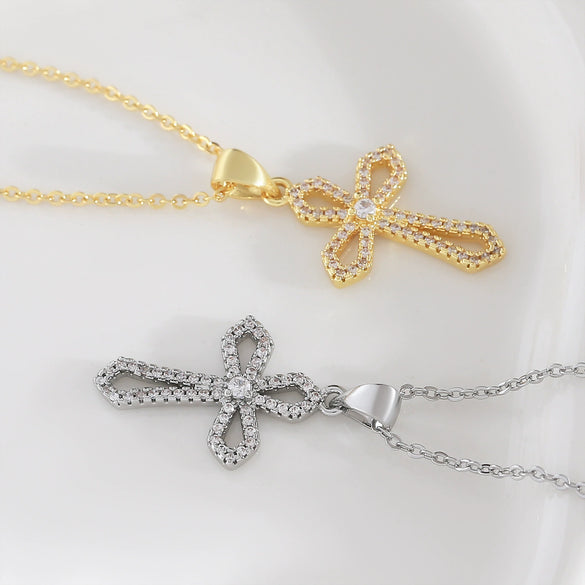 Wholesale 18K Gold Plated Copper Geometric Cross Zirconencrusted Pendant Necklace For Unisex