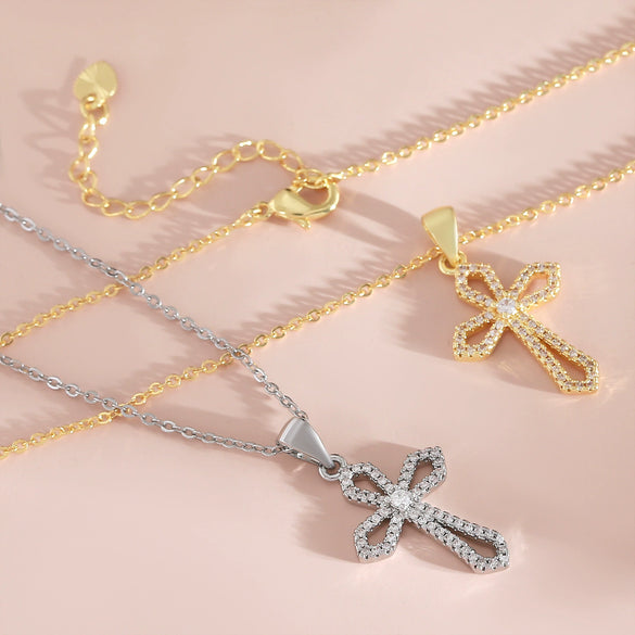 Wholesale 18K Gold Plated Copper Geometric Cross Zirconencrusted Pendant Necklace For Unisex