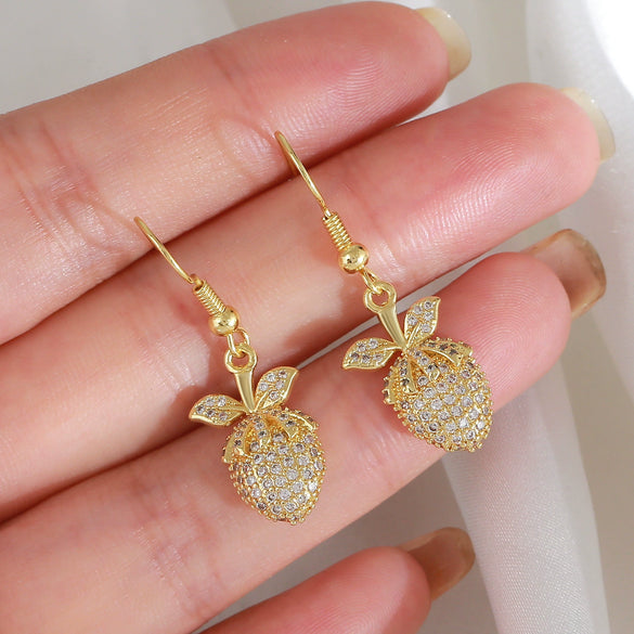 Wholesale 18K Gold Plated Copper Microinlaid Zircon Fruitshaped Threedimensional Drop Earrings For Women