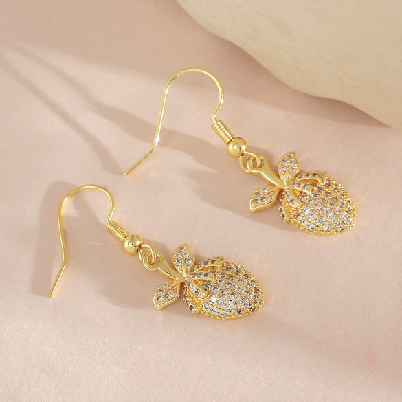 Wholesale 18K Gold Plated Copper Microinlaid Zircon Fruitshaped Threedimensional Drop Earrings For Women