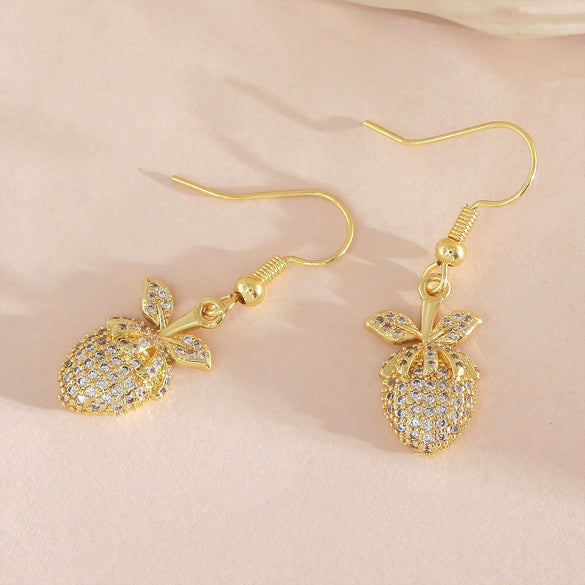 Wholesale 18K Gold Plated Copper Microinlaid Zircon Fruitshaped Threedimensional Drop Earrings For Women