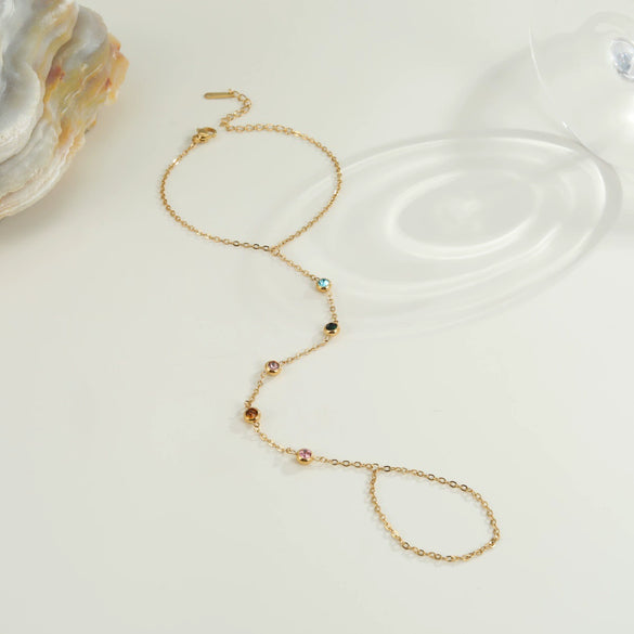Wholesale 18K Gold Plated Stainless Steel Geometric Oval Finger Chain Ring Chain Bracelet For Women