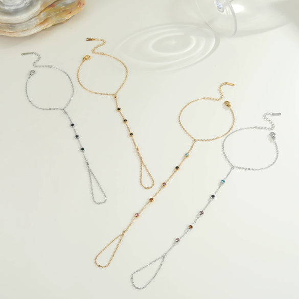 Wholesale 18K Gold Plated Stainless Steel Geometric Oval Finger Chain Ring Chain Bracelet For Women