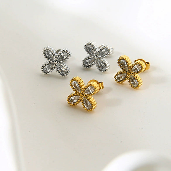Wholesale 18K Gold Plated Stainless Steel Geometric Zircon Flower Earrings For Women