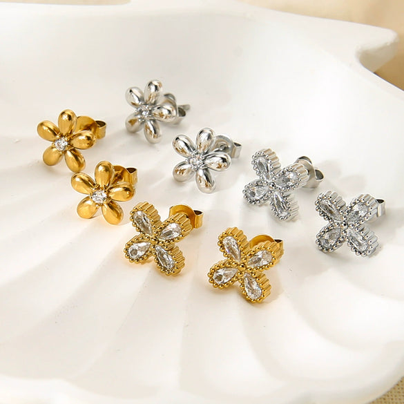 Wholesale 18K Gold Plated Stainless Steel Geometric Zircon Flower Earrings For Women