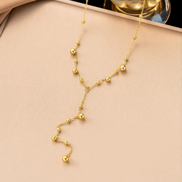 Wholesale 18K Gold Plated Titanium Steel Geometric Bead Chain Tassel Necklace For Women