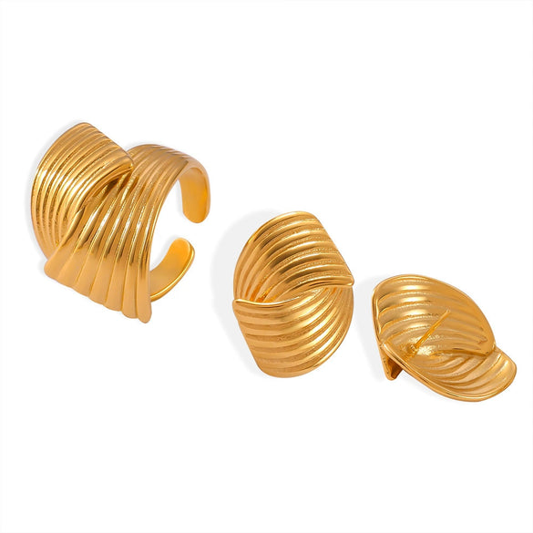 Wholesale 18K Gold Plated Titanium Steel Hand Polished Geometric Simple Design Earrings And Ring Set For Women