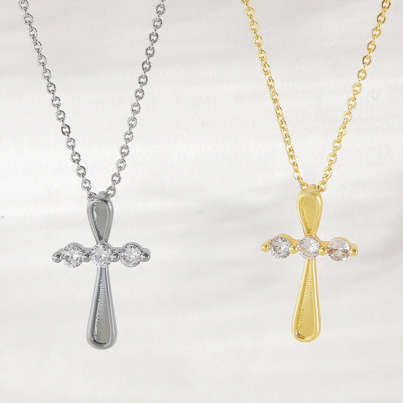 Wholesale 18K Gold Plated Zircon Inlaid Cross Copper Necklace For Unisex With Unique Design