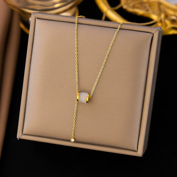 Wholesale 18K Goldplated Long Tassel Bead Chain Necklace With Geometric And Insect Pattern Titanium Steel Round Bead Tassel Pendant For Women