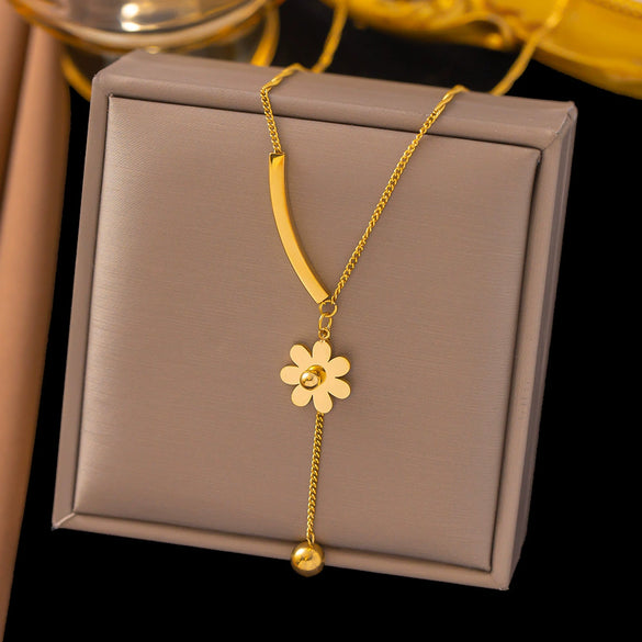Wholesale 18K Goldplated Long Tassel Bead Chain Necklace With Geometric And Insect Pattern Titanium Steel Round Bead Tassel Pendant For Women