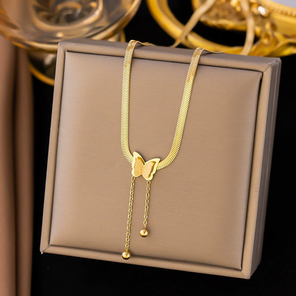 Wholesale 18K Goldplated Long Tassel Bead Chain Necklace With Geometric And Insect Pattern Titanium Steel Round Bead Tassel Pendant For Women