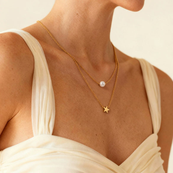 Wholesale 18K Goldplated Stainless Steel Geometric Star Shell Bead Design Doublelayer Necklace For Women