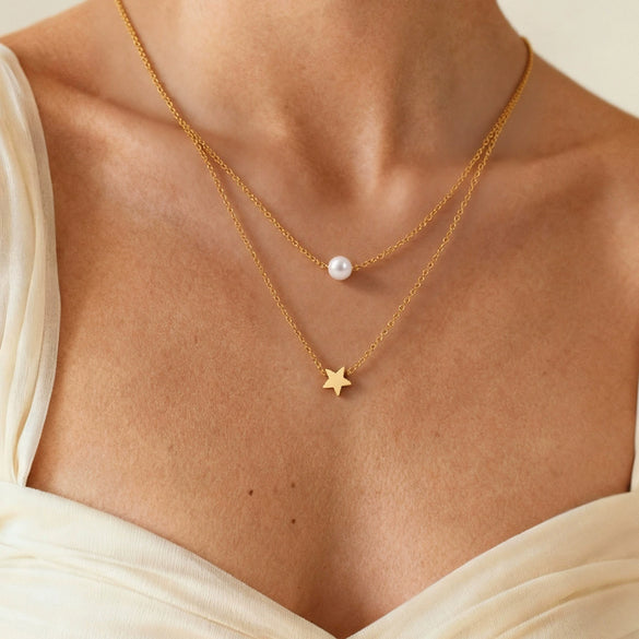 Wholesale 18K Goldplated Stainless Steel Geometric Star Shell Bead Design Doublelayer Necklace For Women