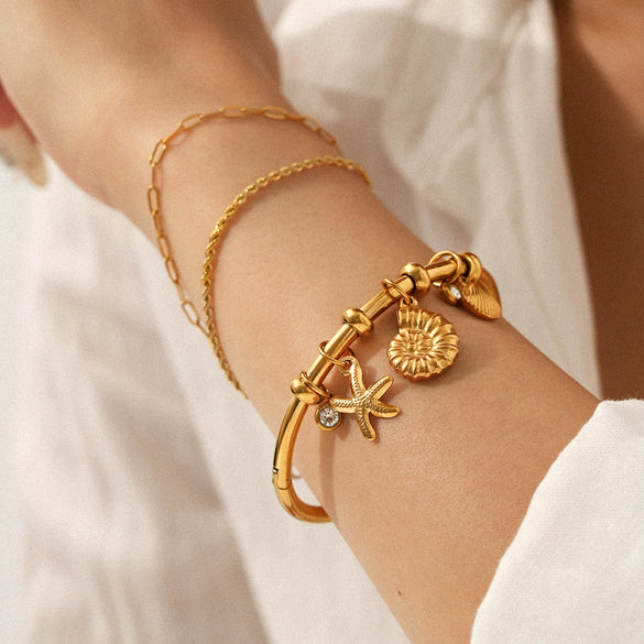 Wholesale 18K Goldplated Stainless Steel Starfish Conch Scallop Cross Electroplated Ocean Breeze Minimalist Ins Style Ring Bracelet Jewelry Accessories
